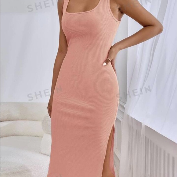 New Pink Ribbed Knit Slit Dress - Picture 2 of 3